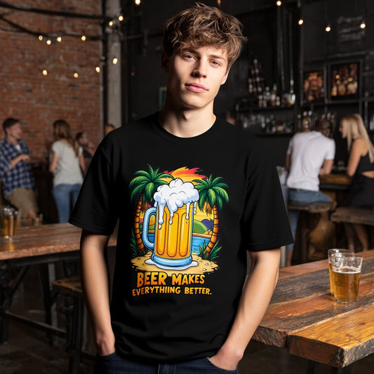 Men's T Shirt Palm Tree Beer Glass Print Beer Makes Everything Better Casual Summer Beachwear Fashionable Graphic Tee for Men