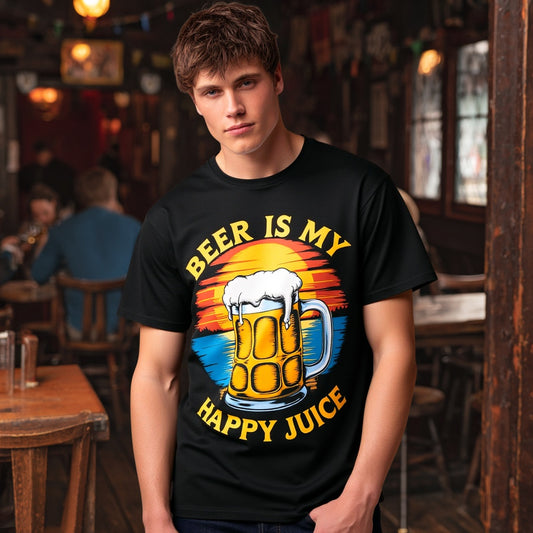 Men's Casual T Shirt Beer Theme Graphic Print Beer Is My Happy Juice Sunset Design for Outdoor Activities Fashionable Graphic Tee for Men