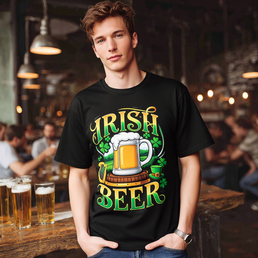 Men's Short Sleeve T Shirt Green Shamrock Beer Mug Print Casual Streetwear for Party and Daily Wear Fashionable Graphic Tee for Men