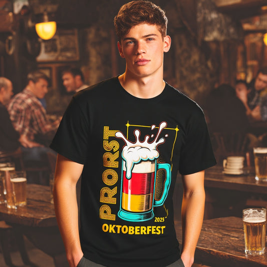 Men's Casual T Shirt with Colorful Beer Mug and Festival Text Print for Streetwear Fashionable Graphic Tee for Men