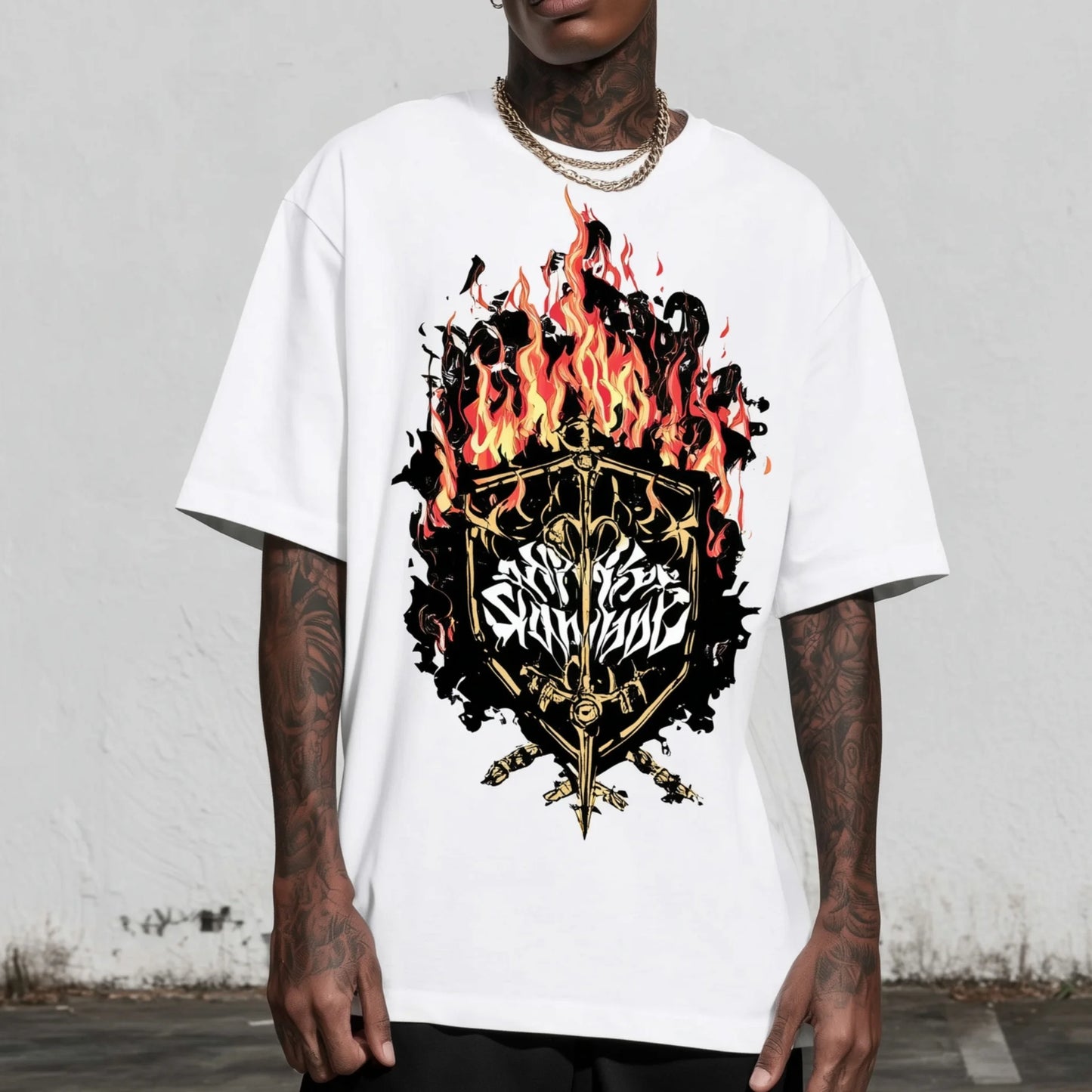 Trendy T-shirt For Man Casual T-Shirt Flame Shield Print Streetwear Daily Wear