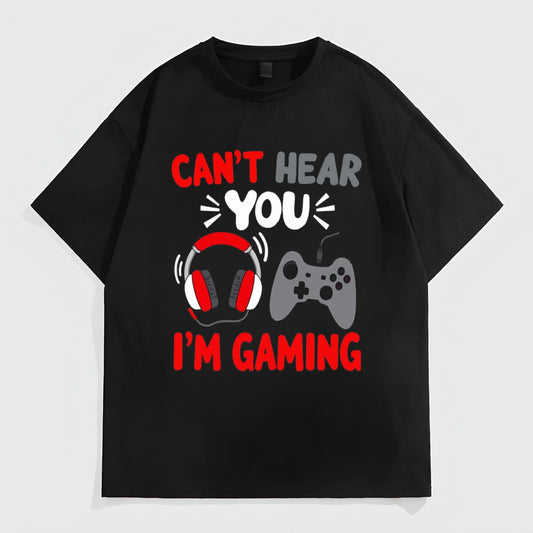 Black T-Shirt with Gaming Headset and Controller Print CAN'T HEAR YOU I'M GAMING for Gamers Fashion Tees For Summer