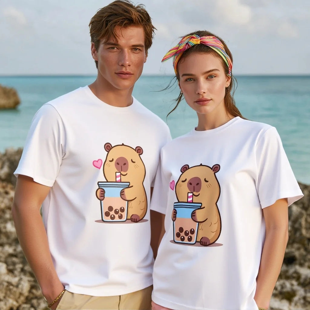 Couples T Shirts Cute Bear Drinking Bubble Tea Print Casual Summer Beachwear for Men and Women Graphic Tee For Summer 2025