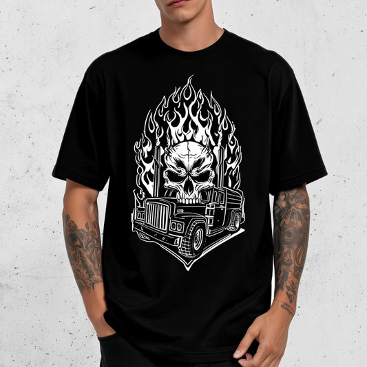 Trendy T-shirt For Man Short Sleeve T-Shirt Flame Skull Car Print Casual Daily Wear