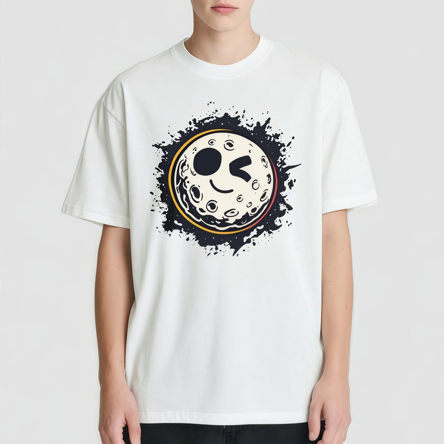 Pod Graphic Tees White T-Shirt with Moon Face Print for Casual Wear