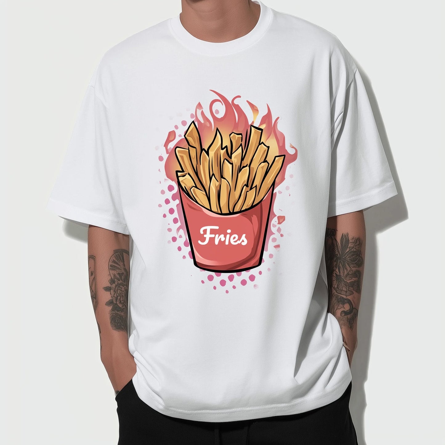 Trendy Tees For Man Casual T-Shirt with Fries and Flames Print for Daily Wear