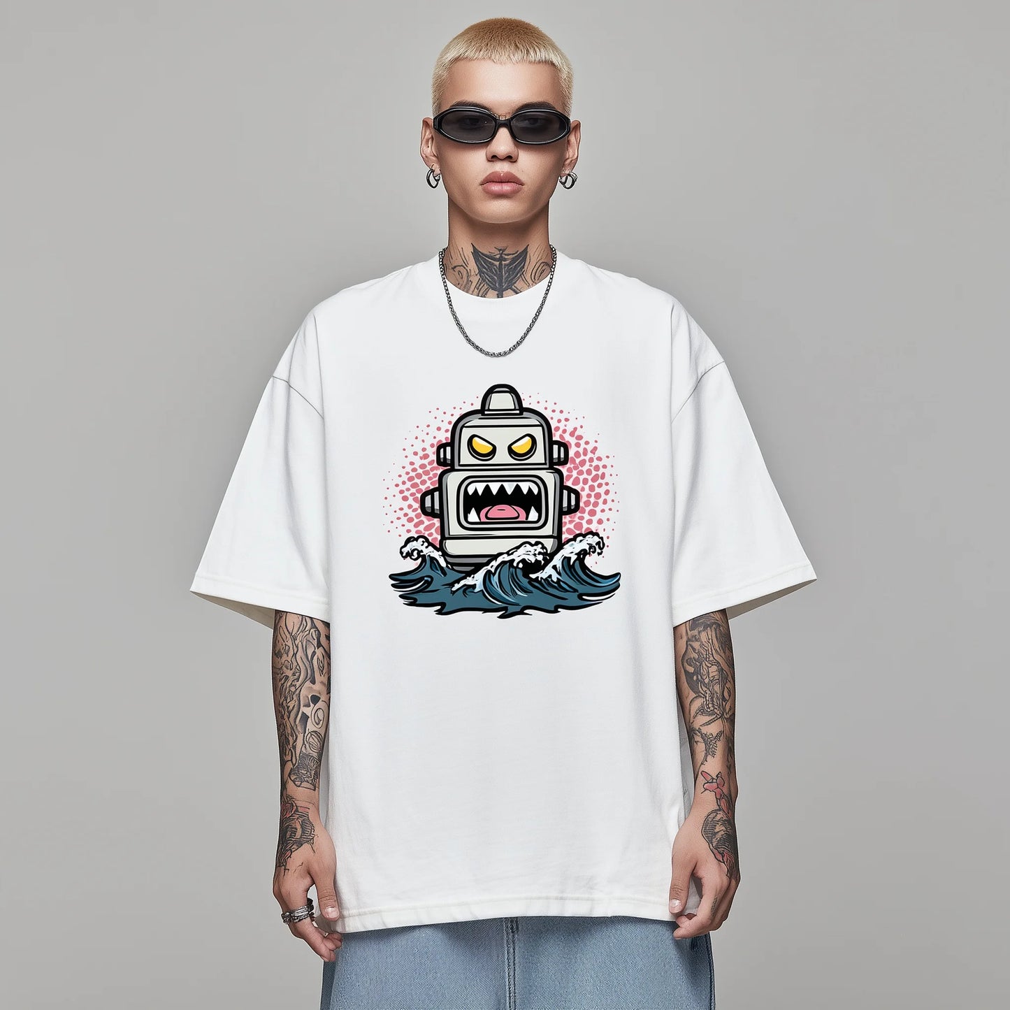 Trendy Tees For Man Oversized T-Shirt Cartoon Robot Wave Print Casual Streetwear Daily Wear