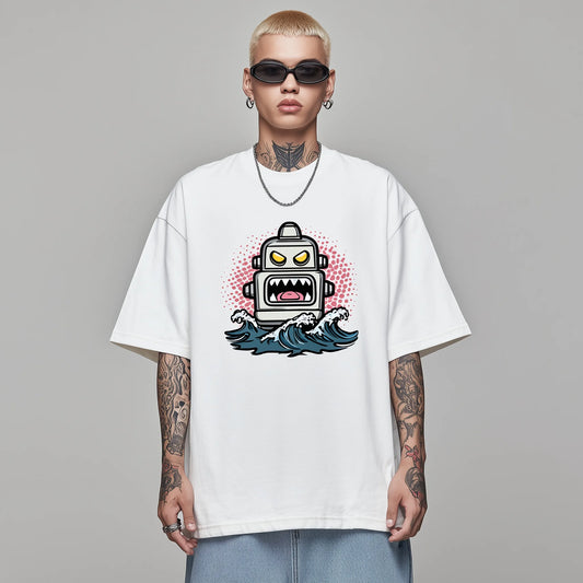 Trendy Tees For Man Oversized T-Shirt Cartoon Robot Wave Print Casual Streetwear Daily Wear