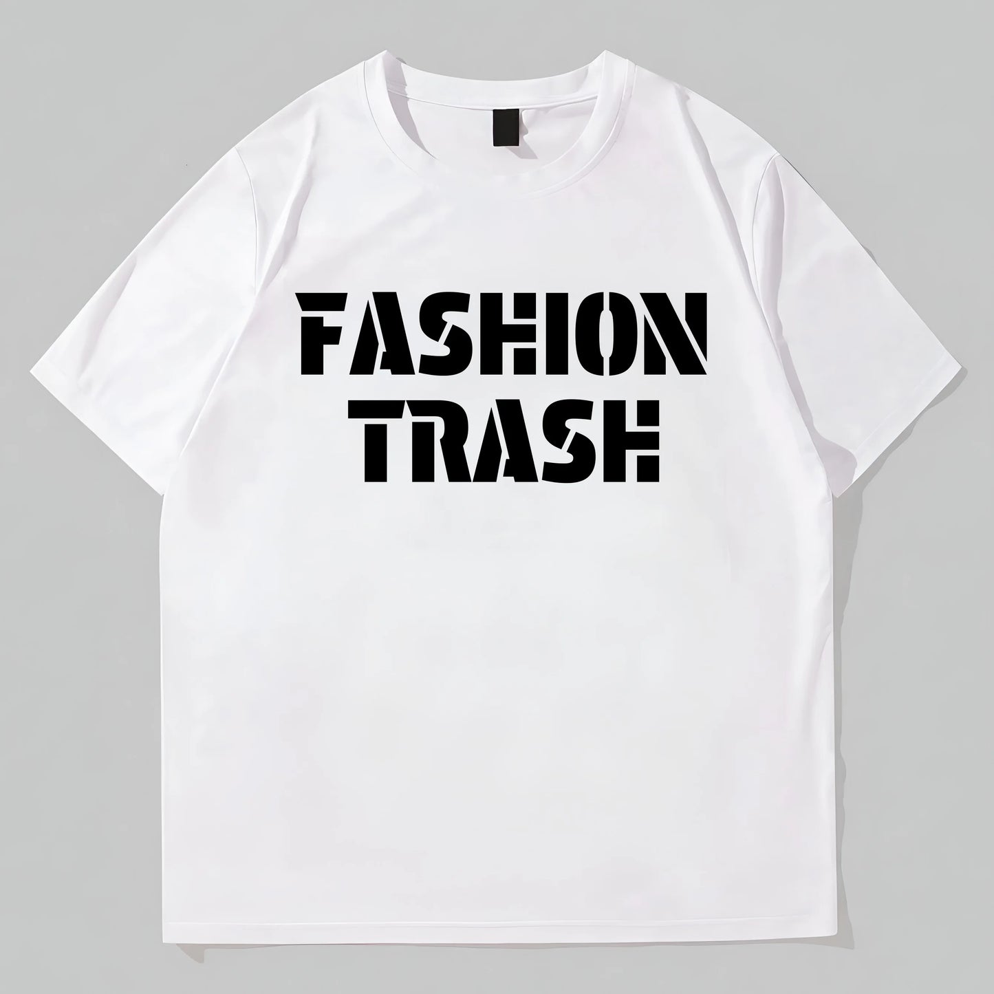 Graphic Tees Design White Round Neck T-Shirt with FASHION TRASH Text Print for Casual Wear