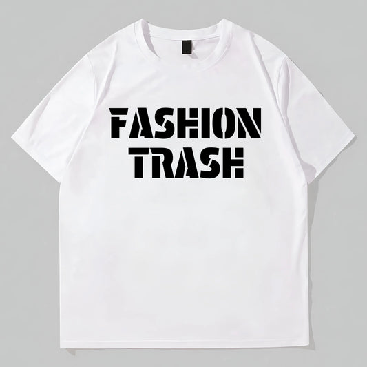 Graphic Tees Design White Round Neck T-Shirt with FASHION TRASH Text Print for Casual Wear