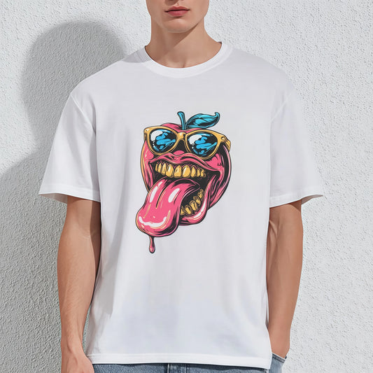Graphic Tees Design White T-Shirt with Cool Apple Face Print for Casual Wear