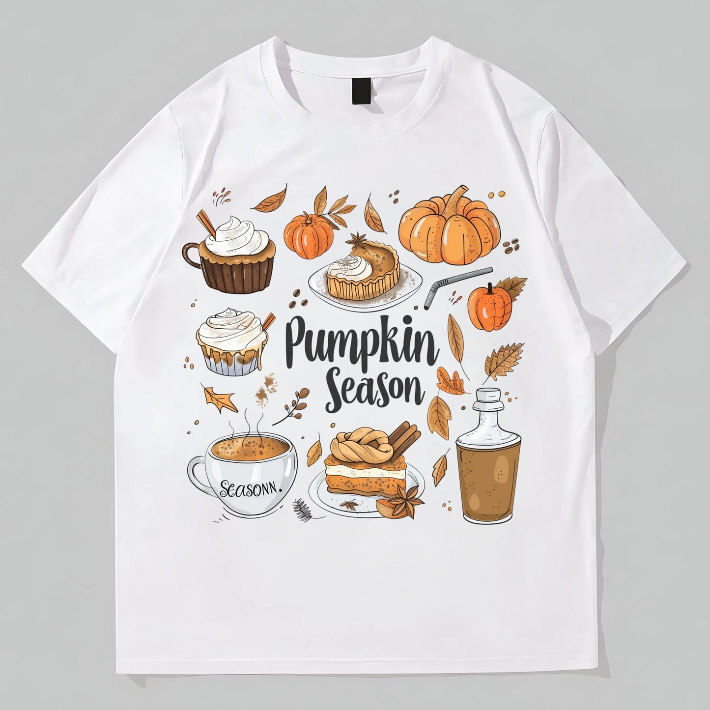 White Round Neck T-Shirt with Pumpkin Season Illustration and Text for Autumn Festive Wear POD Graphic Tees