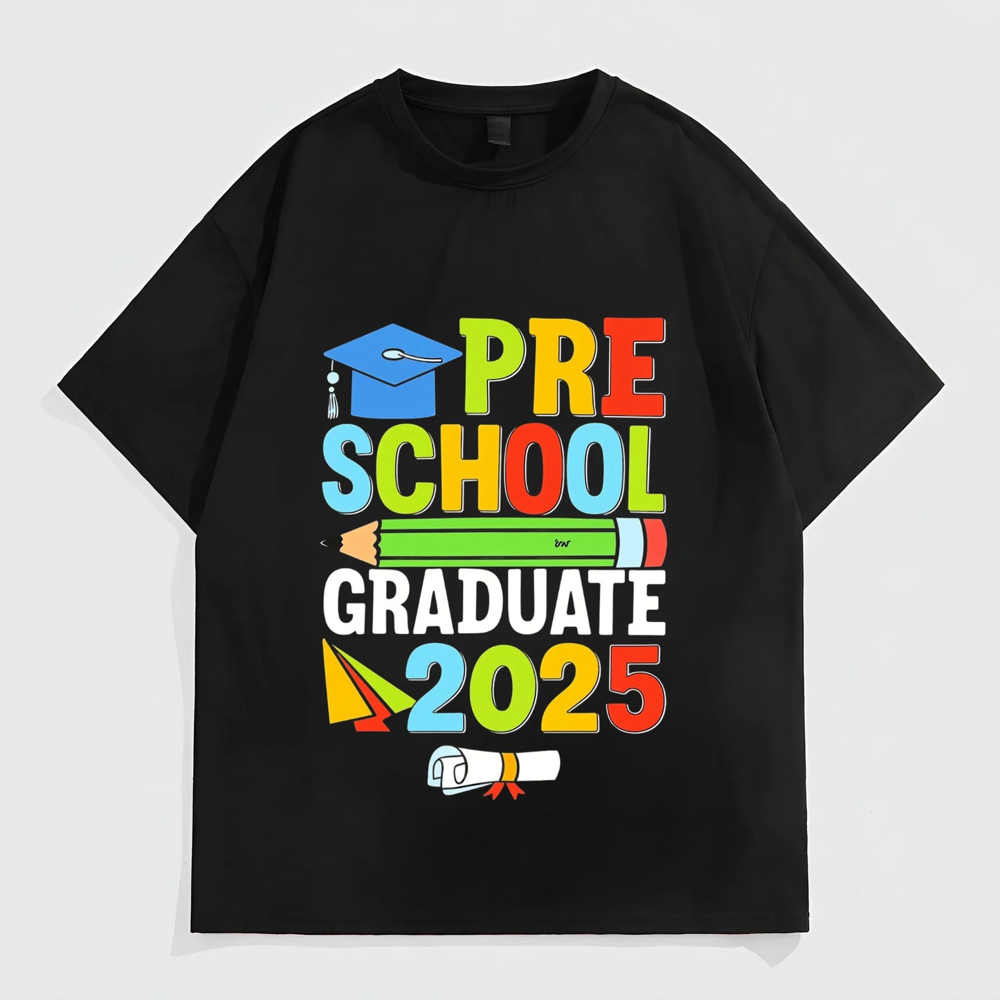 Black Short Sleeve T-Shirt with Colorful Preschool Graduate 2025 Print for Kids Graduation Ceremony Fashion Tees 2025