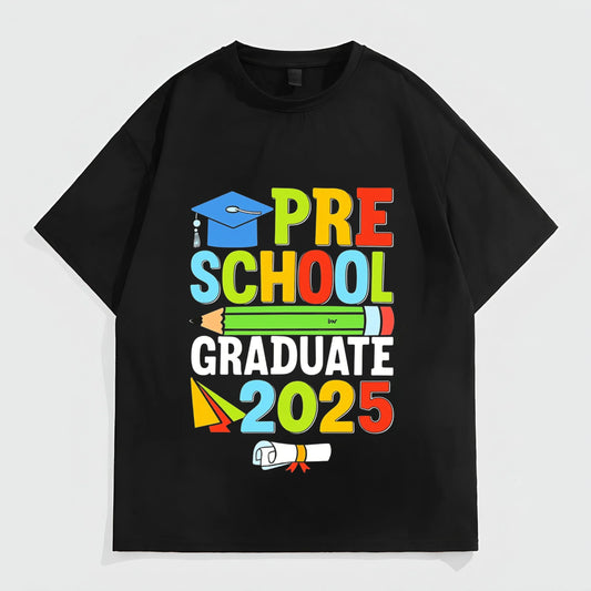 Black Short Sleeve T-Shirt with Colorful Preschool Graduate 2025 Print for Kids Graduation Ceremony Fashion Tees 2025