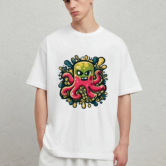 Graphic Fashion Tees For Man White T-Shirt with Colorful Monster Print for Casual Wear
