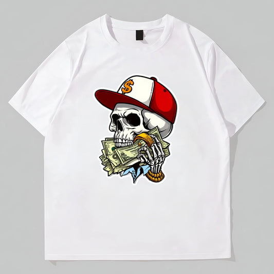 White Round Neck T-Shirt with Skull Cap and Money Print for Casual Wear POD Graphic Tees