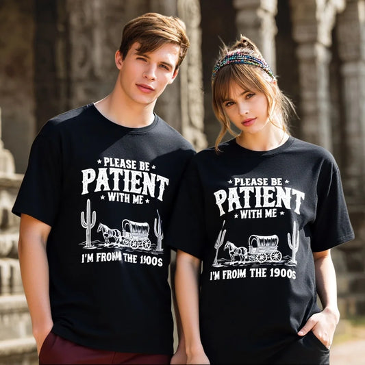 Black T Shirt with Please Be Patient With Me I'm From The 1900s Text and Cactus Wagon Print for Casual Wear Trendy Graphic Tee 2025