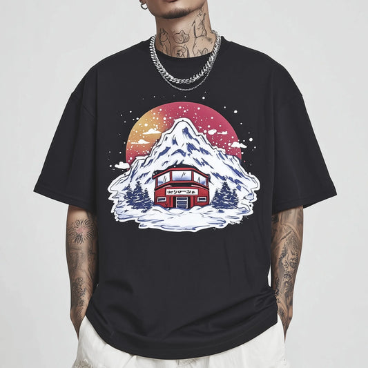 Trendy Tees For Man Casual T-Shirt Mountain Cabin Sunset Print Daily Wear