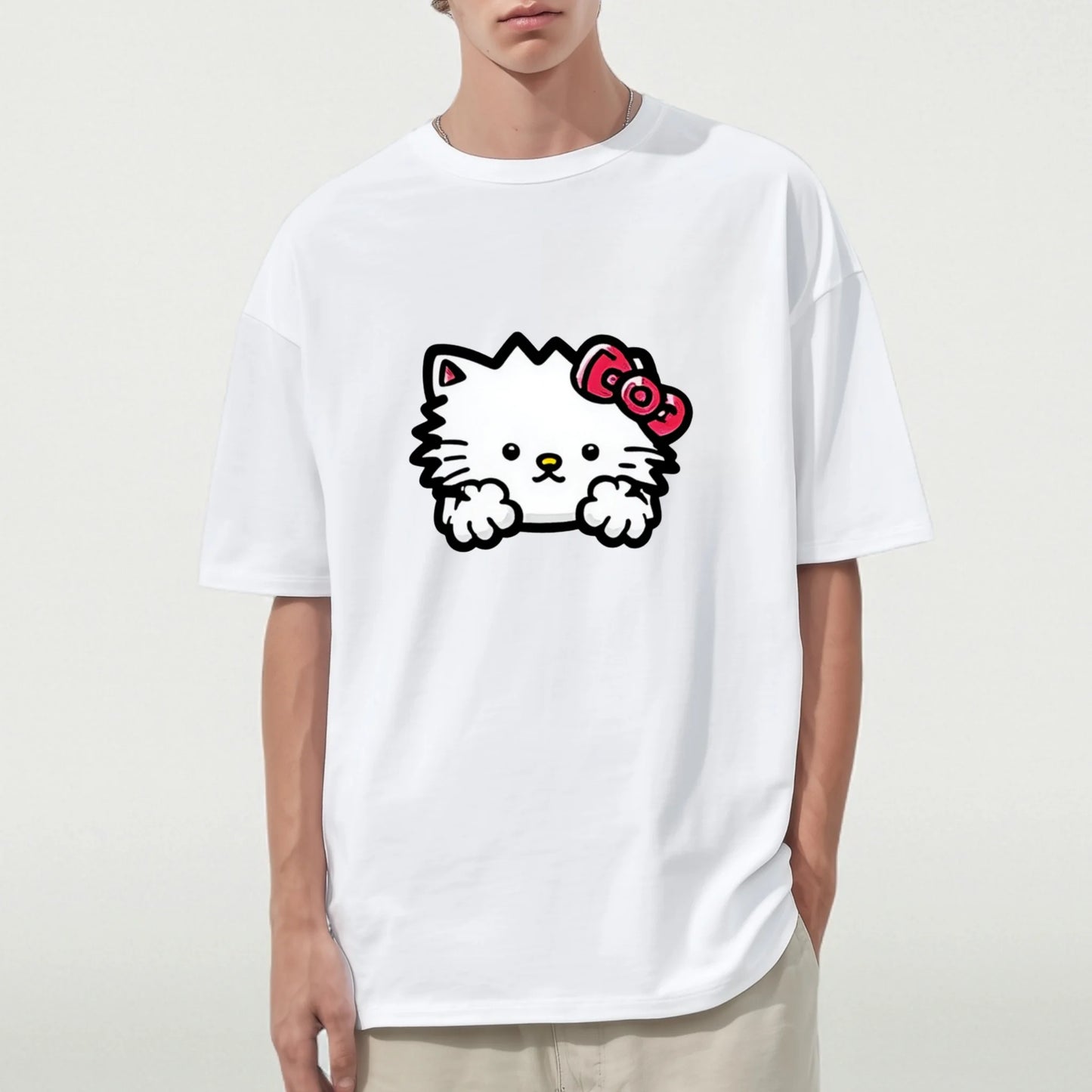 Trendy Tee Shirts Cute Cat Design White T-Shirt for Casual Wear