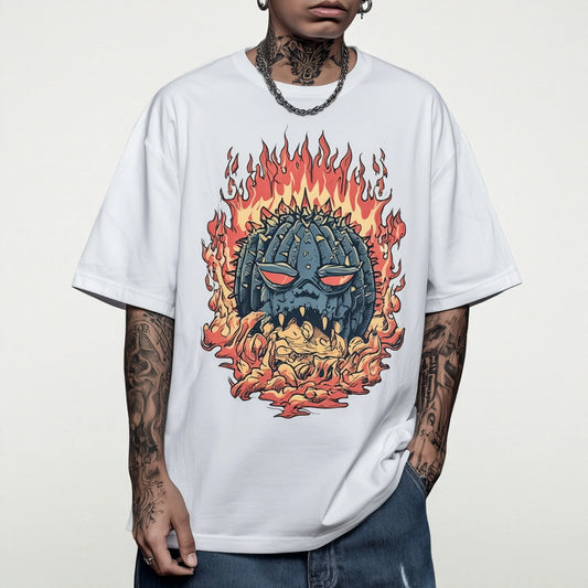 Trendy Tees For Man Oversized T-Shirt with Fiery Monster Print for Casual Wear