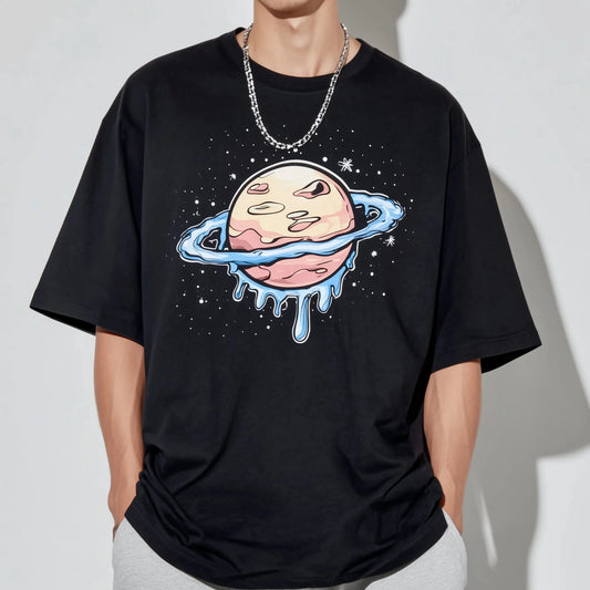Trendy Tees For Man Oversized T-Shirt with Cosmic Planet Print for Casual Wear