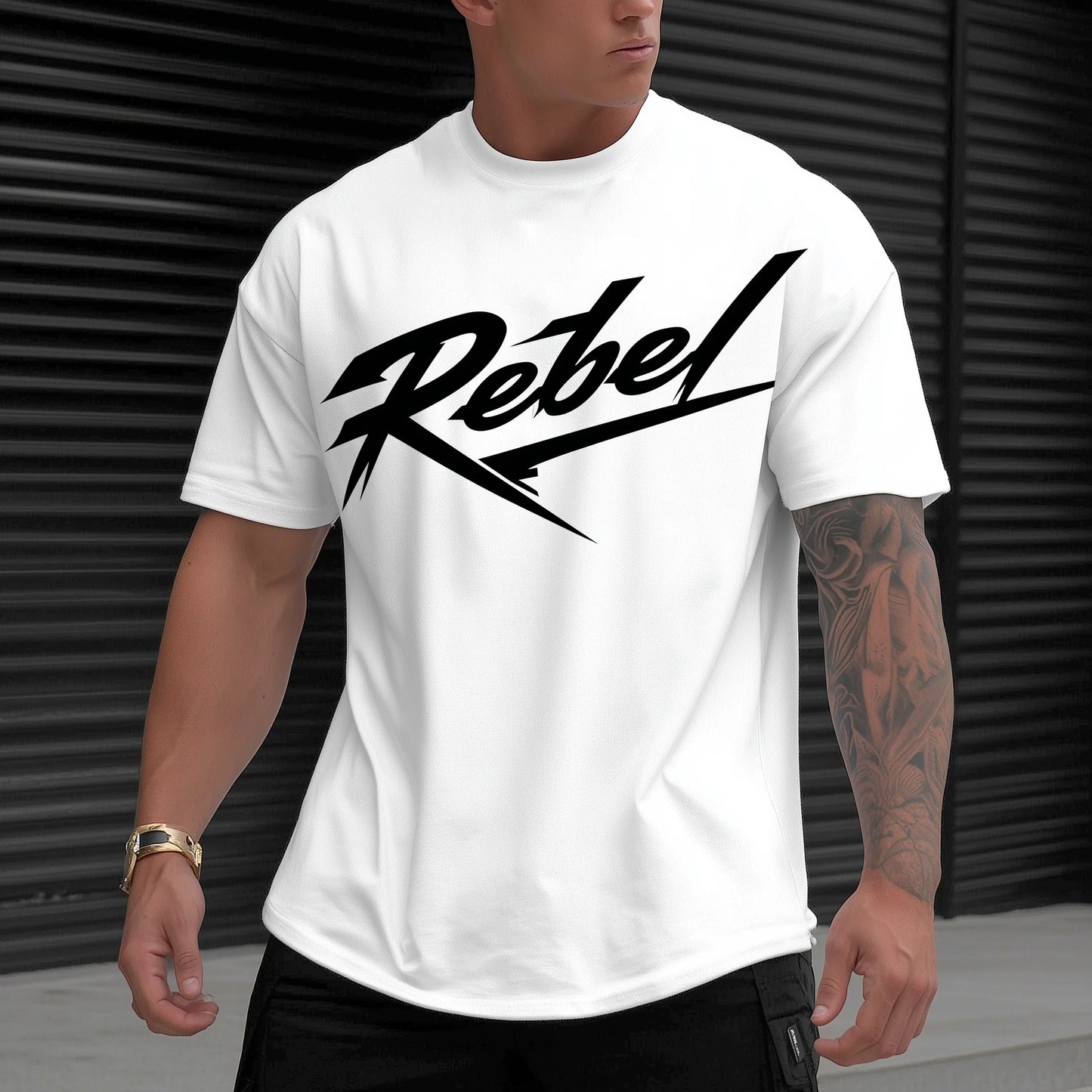 Trendy Tees For Man Short Sleeve T-Shirt Rebel Script Print Casual Streetwear