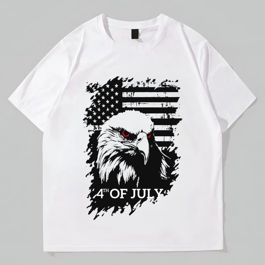Trendy Tees for Men White T-Shirt with Eagle and Flag Print for 4th of July Independence Day Celebrations