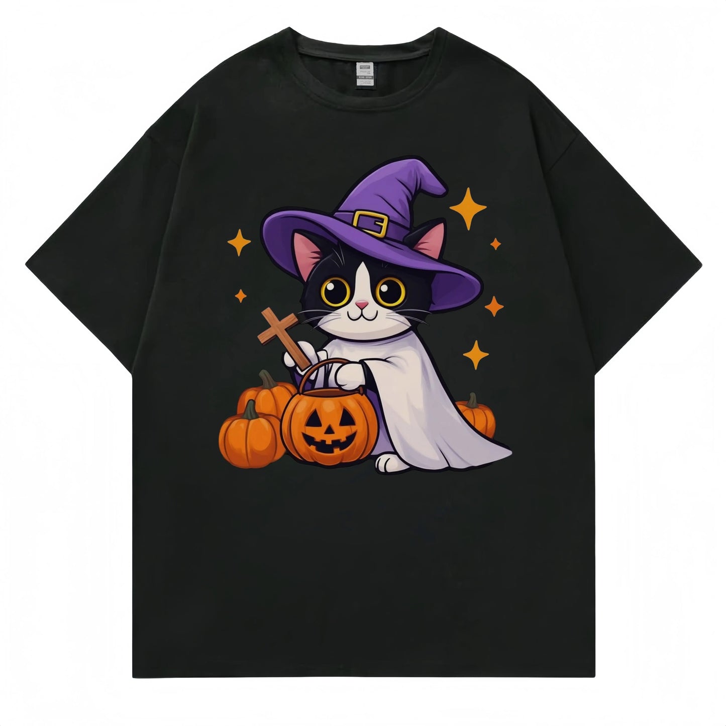 Black T Shirt Halloween Cat Witch Pumpkin Print Casual Wear for Party Festival Fashionable Graphic Tee for Men