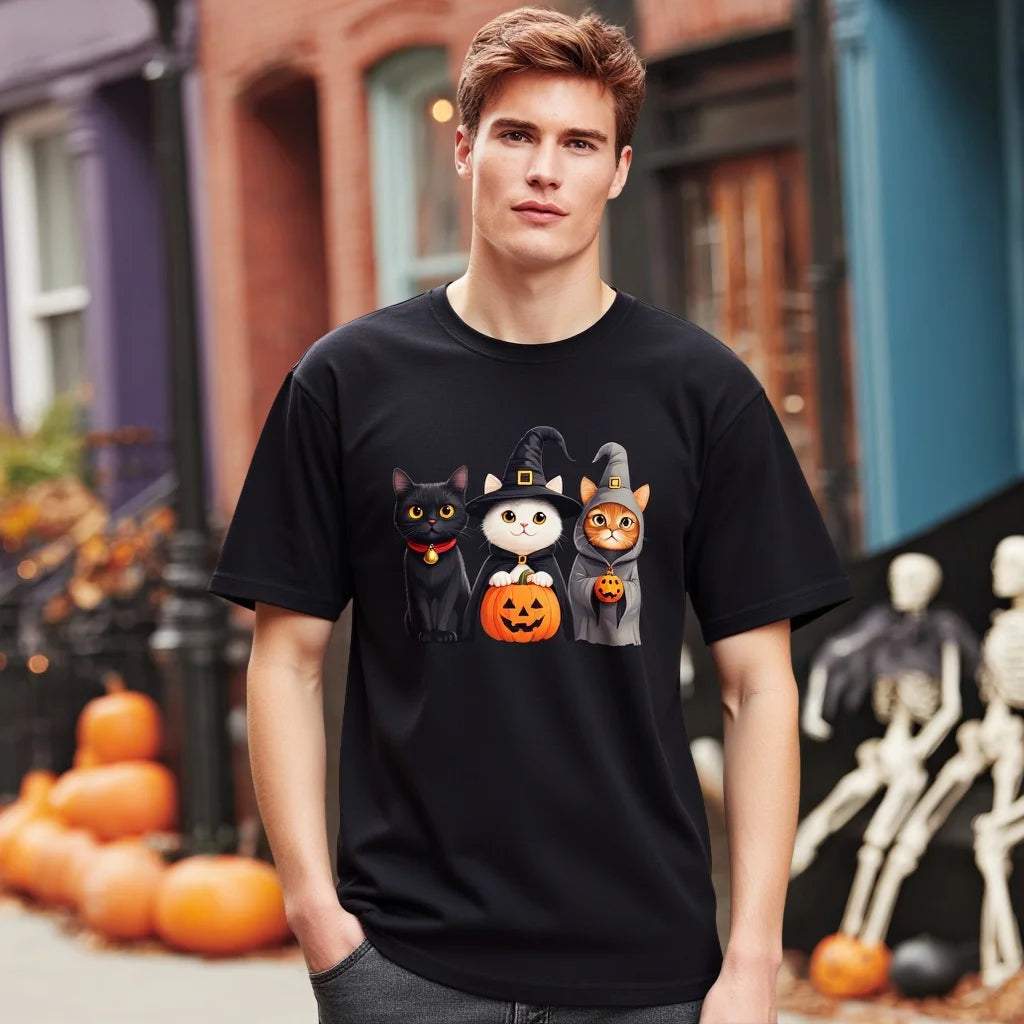 Halloween Loose Fit Short Sleeve Round Neck Casual Style T-Shirt Cat Print Comfortable Men's Top Fashionable Streetwear