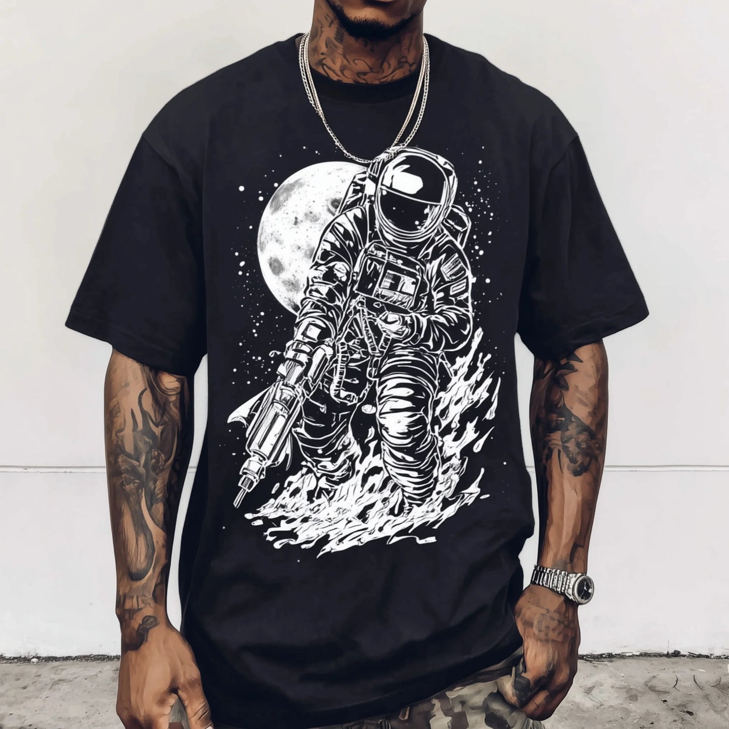 Trendy T-shirt For Man Short Sleeve T-Shirt Astronaut Moon Exploration Graphic Print Casual Daily Wear