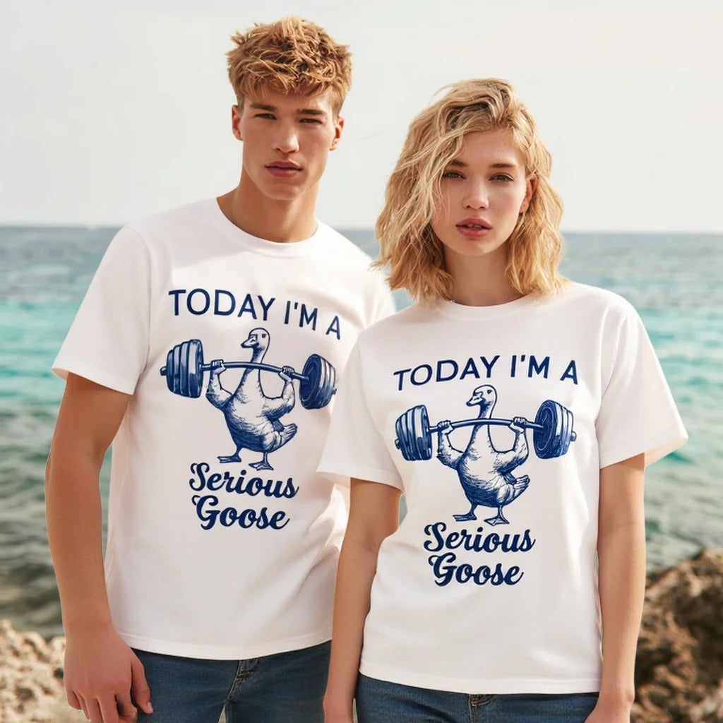 Crew Neck T Shirt Funny Goose with Dumbbell Print Casual Beachwear for Couples Graphic Tee For Summer 2025