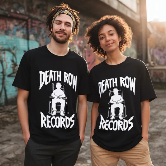 Black T Shirt with Chair Graphic and Text DEATH ROW - Casual Streetwear for Music Lovers Graphic Tee For Summer 2025