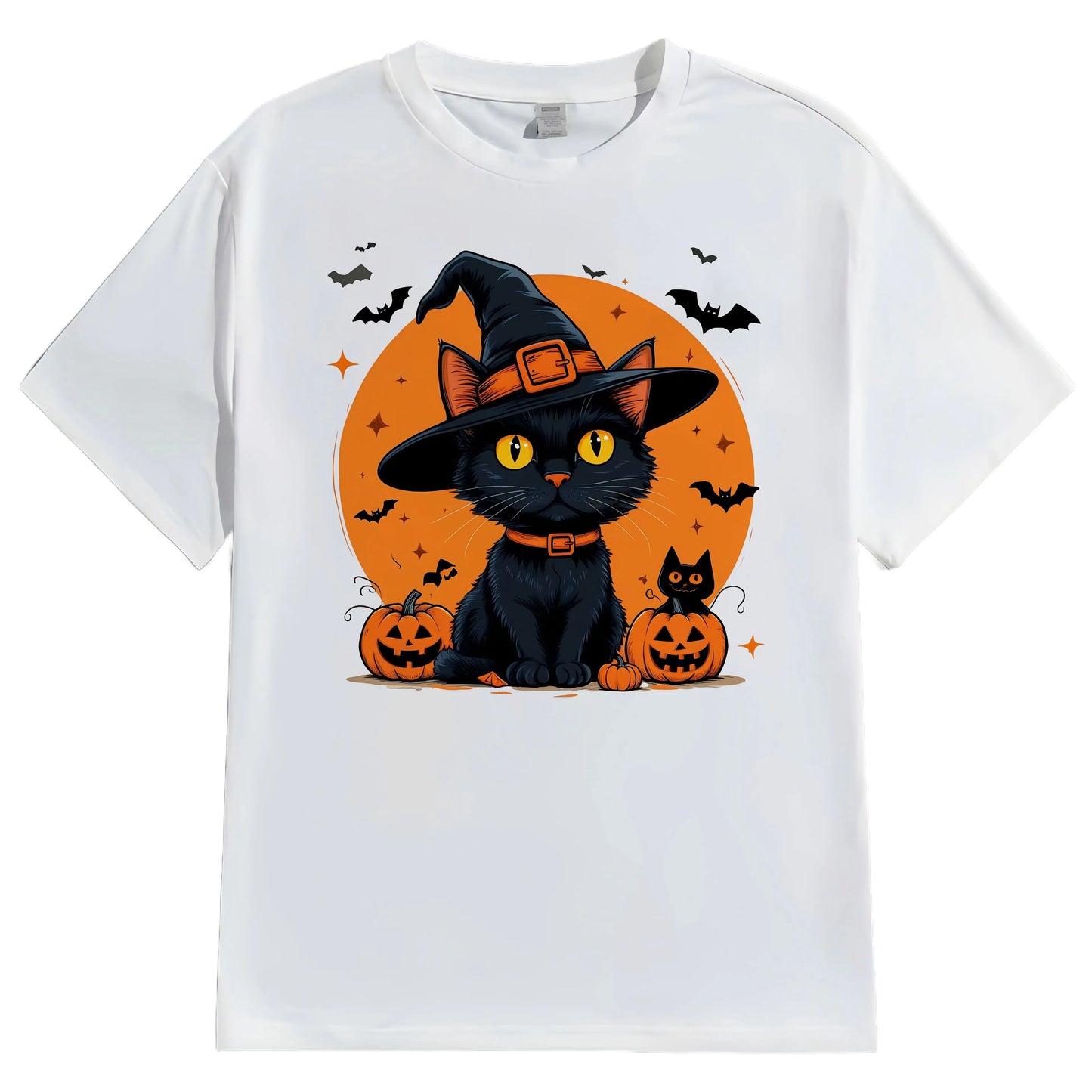 Halloween Casual Round Neck Short Sleeve T-Shirt Regular Fit Cat and Moon Print Comfortable Breathable Men's Top Wear for Daily Use