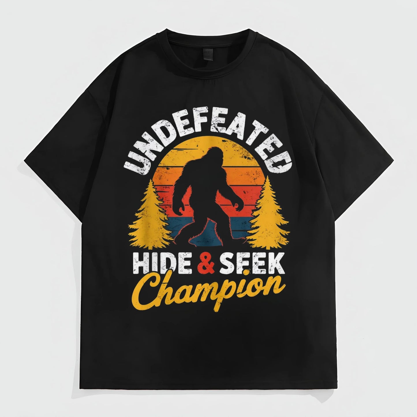 Black T-Shirt with Forest Creature Print and Undefeated Hide Seek Champion Text for Outdoor Activities Fashion Tees For Summer
