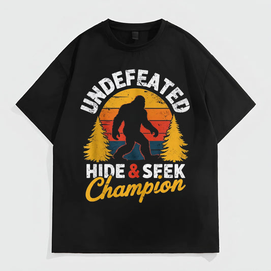 Black T-Shirt with Forest Creature Print and Undefeated Hide Seek Champion Text for Outdoor Activities Fashion Tees For Summer