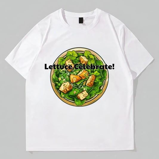 White T-Shirt with Lettuce Celebrate Pizza Graphic for Casual Wear POD Graphic Tees