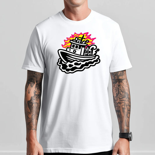 Trendy Tees For Man Casual T-Shirt Colorful House on Waves Print for Daily Wear