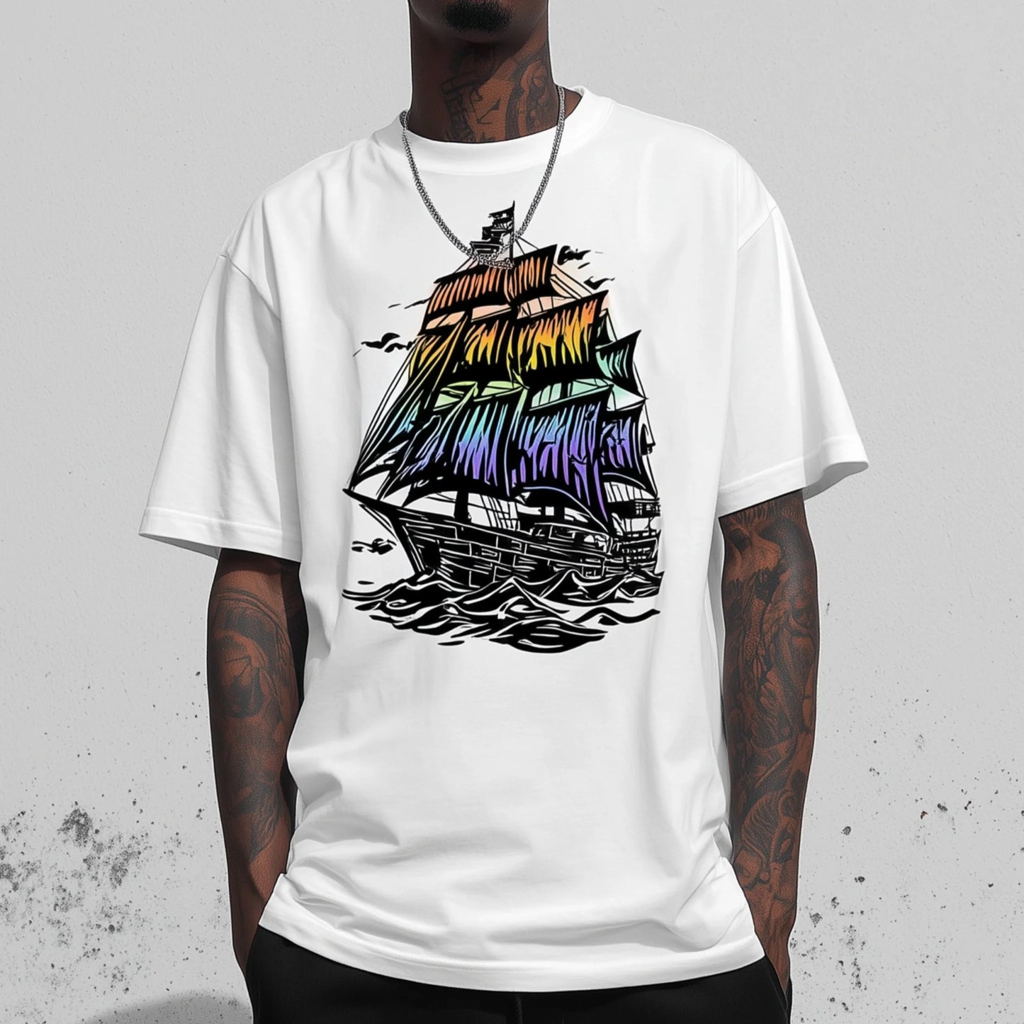 Trendy T-shirt For Man Casual T-Shirt Colorful Sailing Ship Print Daily Wear