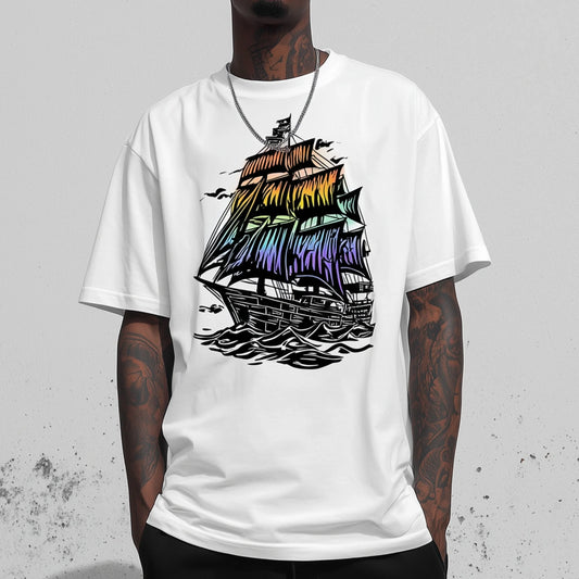 Trendy T-shirt For Man Casual T-Shirt Colorful Sailing Ship Print Daily Wear
