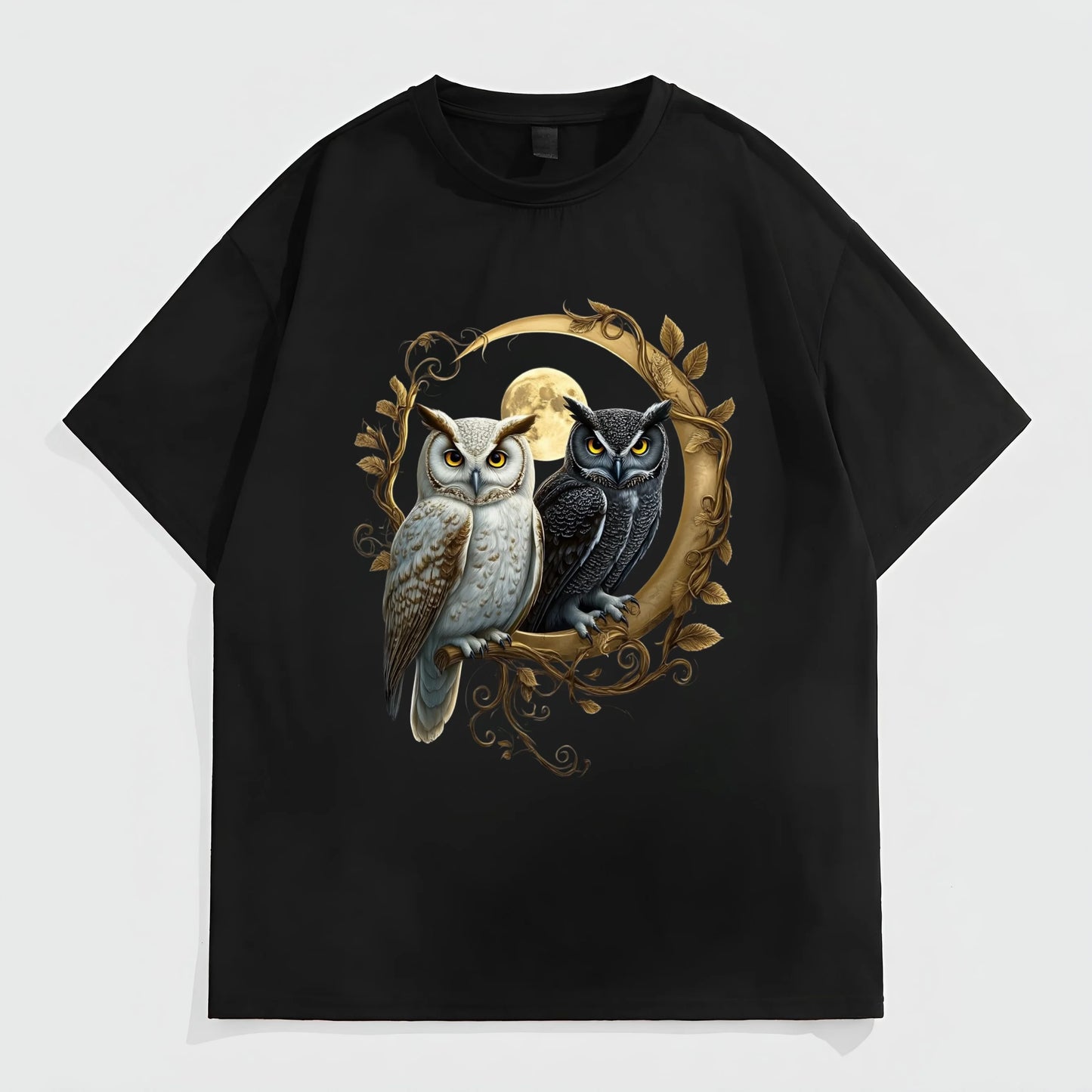 Oversized T-Shirt Owl and Moon Print Casual Wear for Daily Use Trendy Tees Trends
