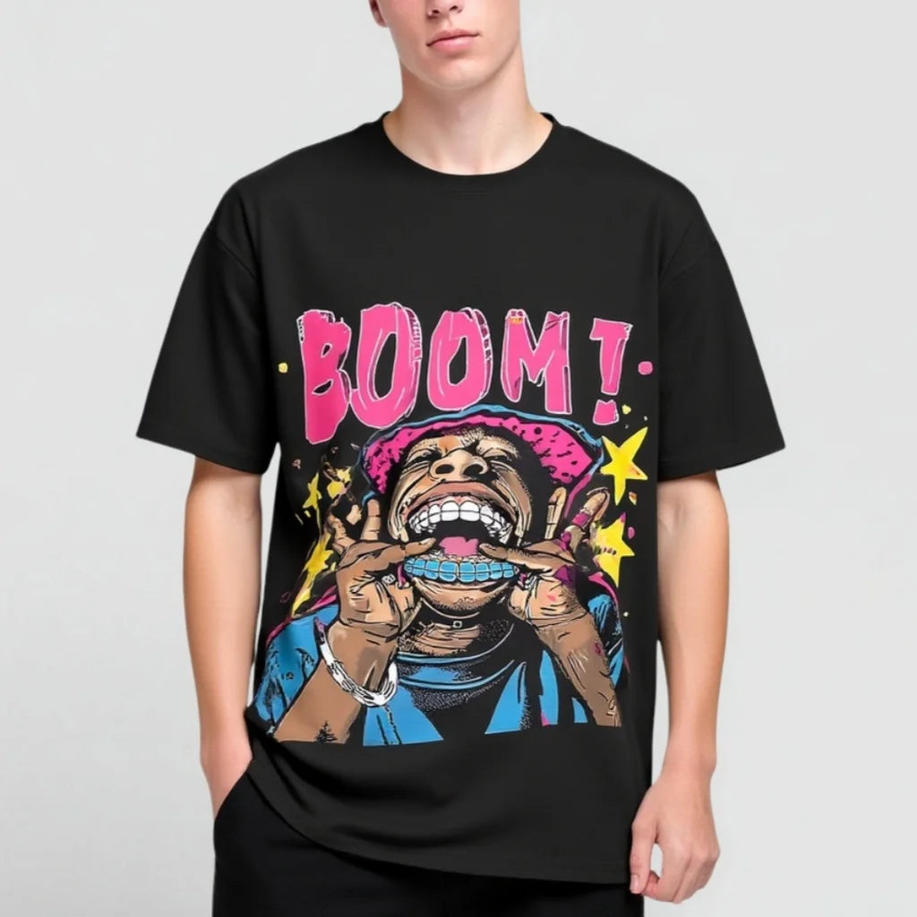 Men's Casual T-Shirt Colorful Cartoon Character Print BOOM! Design for Daily Wear and Street Style Fashion Fashion Tees 2025