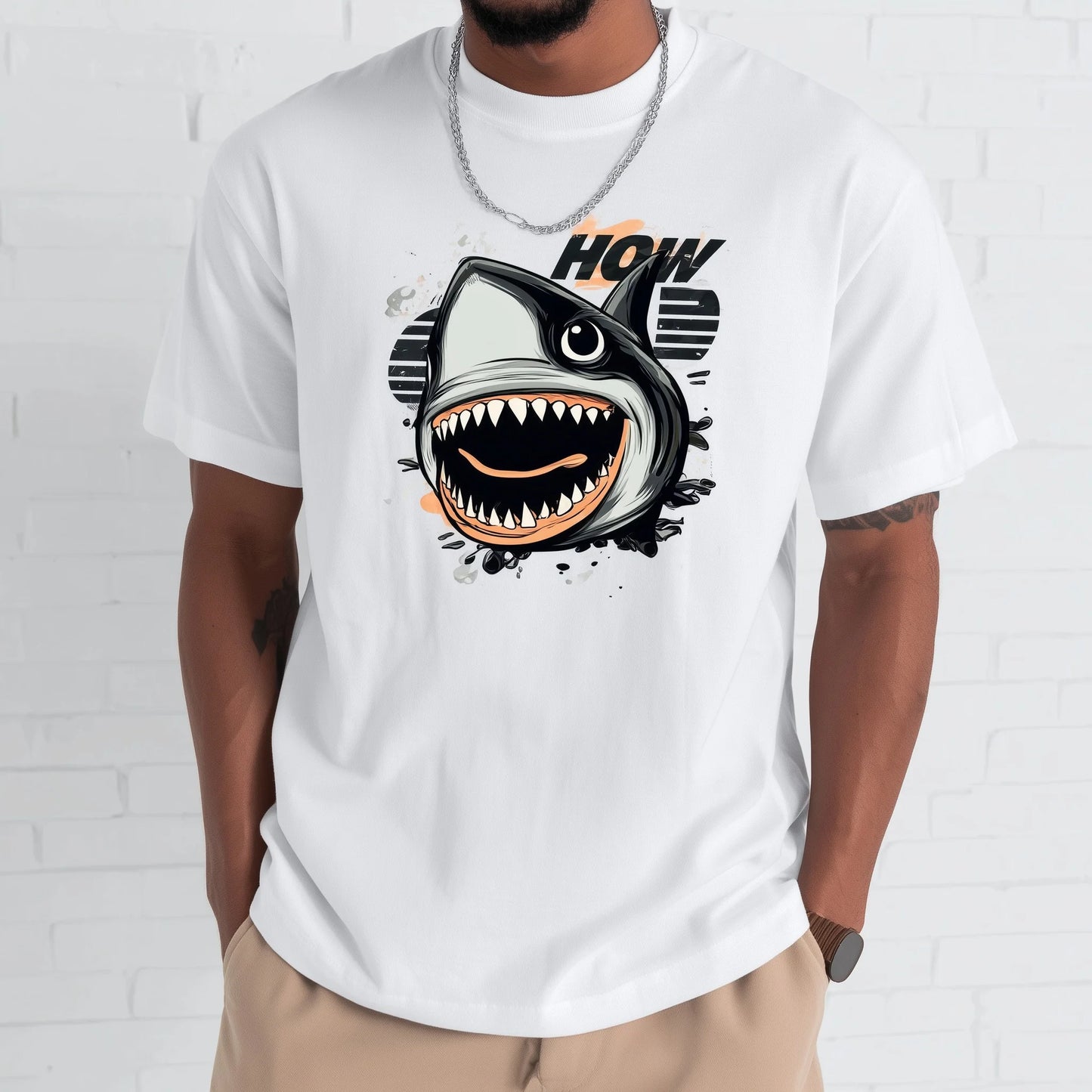 Trendy Tees For Man Short Sleeve T-Shirt Shark Mouth Graphic Print Casual Daily Wear