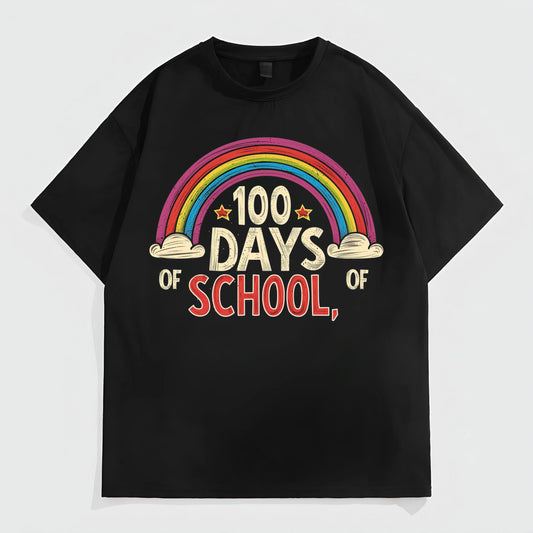 Black Short Sleeve T-Shirt with Rainbow and 100 Days of School Print for School Events Trendy Tees For Men