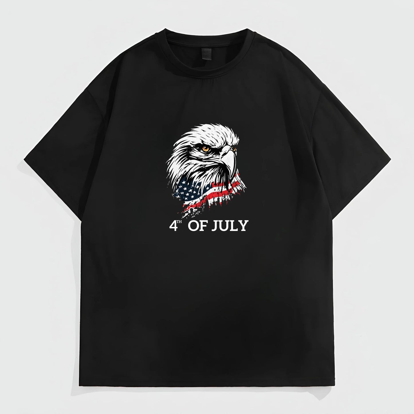 Trendy Tees for Men Black Short Sleeve T-Shirt with Eagle and Flag Print for Independence Day Celebrations