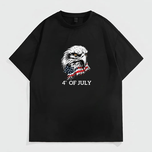 Trendy Tees for Men Black Short Sleeve T-Shirt with Eagle and Flag Print for Independence Day Celebrations