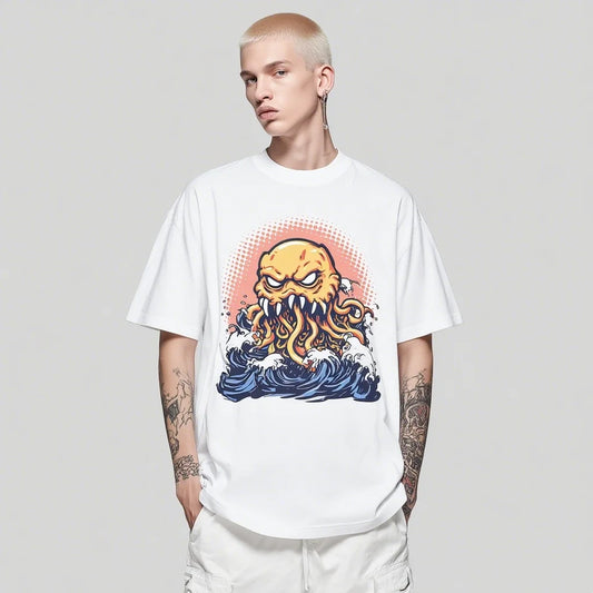 Trendy Tees For Man Casual T-Shirt Octopus Wave Graphic Print Summer Beachwear