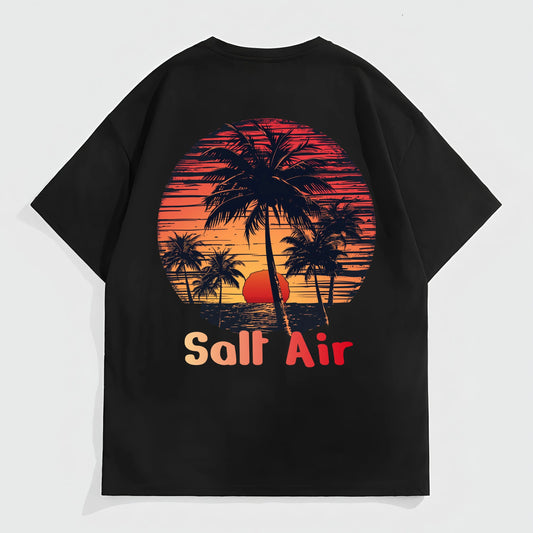 Men's Oversized T-Shirt Palm Tree Sunset Print Salt Air Text Summer Beachwear Casual Daily Wear Top Graphic Fashion Tees For Man