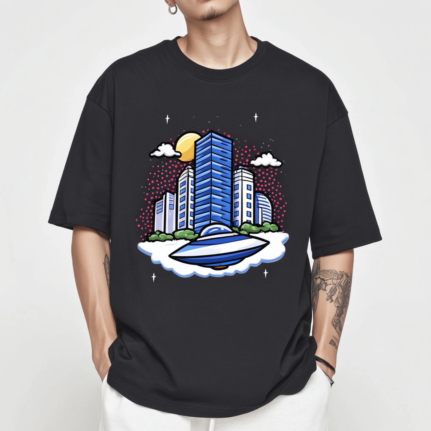 Trendy T-shirt For Man Casual T-Shirt Cityscape Building Print Summer Outdoor Wear