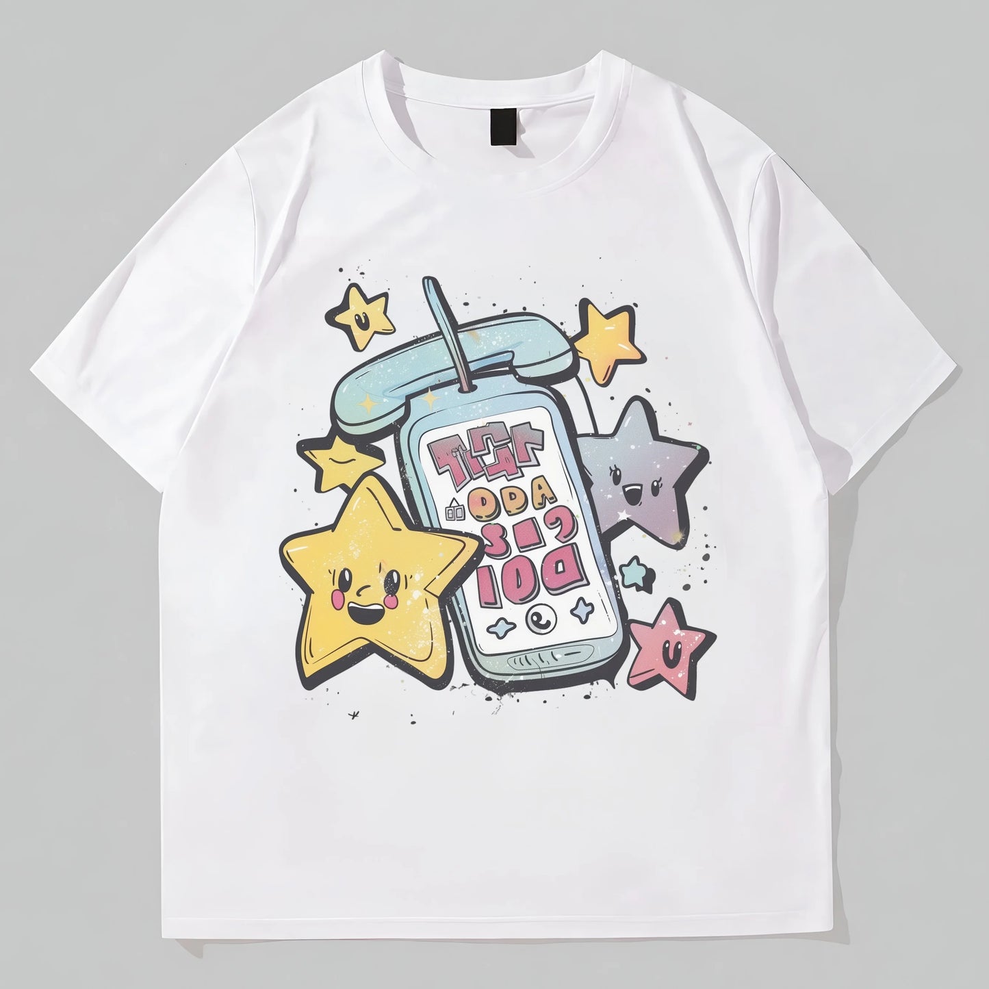 Cute Round Neck T-Shirt with Star and Drink Cup Print for Casual Wear Graphic Tees Design