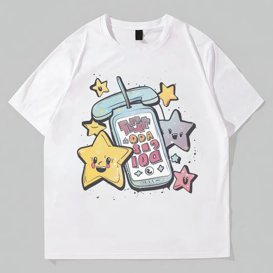 Cute Round Neck T-Shirt with Star and Drink Cup Print for Casual Wear Graphic Tees Design